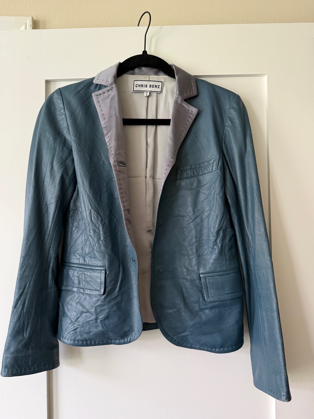 Vintage Chris Benz 100% Leather Blue Blazer with 100% Silk Lining